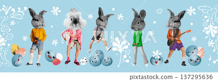Whimsical collage with rabbit characters and colorful eggs on blue background. 137295636
