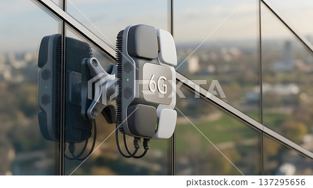 Futuristic 6G network antenna mounted on a modern glass building exterior 137295656