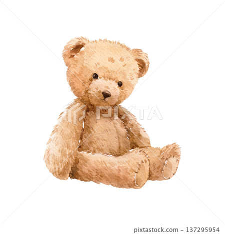 Vintage Watercolor Teddy Bear Illustration, cute hand painted nursery style plush toy isolated on light background, sweet retro children design for baby decor and print 137295954