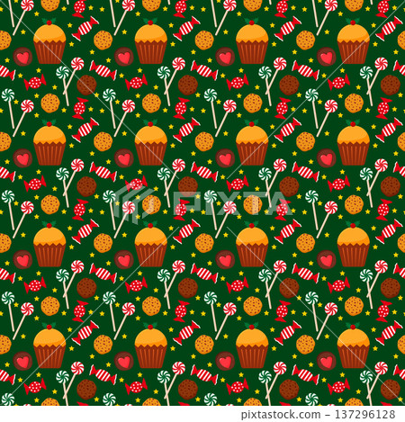 Seamless pattern with festive Christmas cupcake, cookie, chocolate, and candy on green. Holiday dessert background for New Year celebration. 137296128