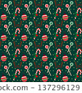Christmas holiday seamless pattern with candy cane, ornament, spiral lollipop, and reindeer glasses. Festive design for wrapping paper or fabric. 137296129