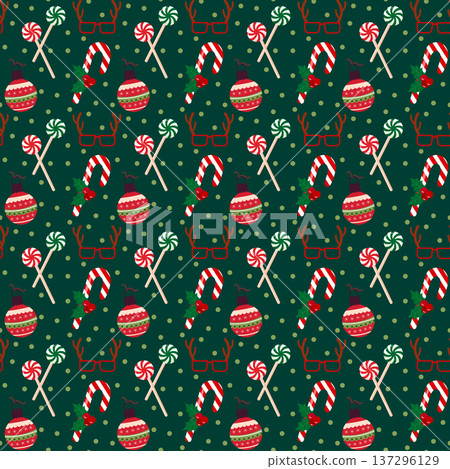 Christmas holiday seamless pattern with candy cane, ornament, spiral lollipop, and reindeer glasses. Festive design for wrapping paper or fabric. Christmas holiday seamless pattern with candy cane, ornament, spiral lollipop, and reindeer glasses. Festive design for wrapping paper or fabric. 137296129