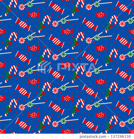 Seamless pattern with candy cane, lollipop, and wrapped candy. New Year and Christmas sweets. Winter holiday greeting card design. Seamless pattern with candy cane, lollipop, and wrapped candy. New Year and Christmas sweets. Winter holiday greeting card design. 137296130