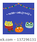 Merry Christmas greeting card with cartoon cats in Santa Claus hat, reindeer antlers, new year trees on blue background. Happy winter holiday concept. 137296131
