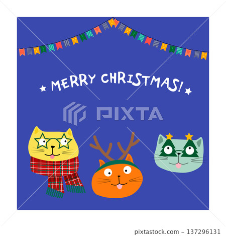 Merry Christmas greeting card with cartoon cats in Santa Claus hat, reindeer antlers, new year trees on blue background. Happy winter holiday concept. 137296131