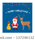 Santa Claus, reindeer, and bird with Christmas lights and text Merry Christmas. Holiday season celebration for greeting card. 137296132