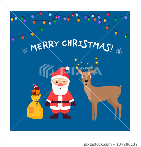 Santa Claus, reindeer, and bird with Christmas lights and text Merry Christmas. Holiday season celebration for greeting card. Santa Claus, reindeer, and bird with Christmas lights and text Merry Christmas. Holiday season celebration for greeting card. 137296132
