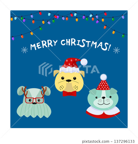 Merry Christmas greeting card with cute cartoon dogs. Holiday winter celebration with playful pets. Creative design for festive season. Merry Christmas greeting card with cute cartoon dogs. Holiday winter celebration with playful pets. Creative design for festive season. 137296133