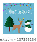 Merry Christmas greeting card with a snowman, deer, and christmas tree characters in a joyful winter holiday scene for celebration. 137296134