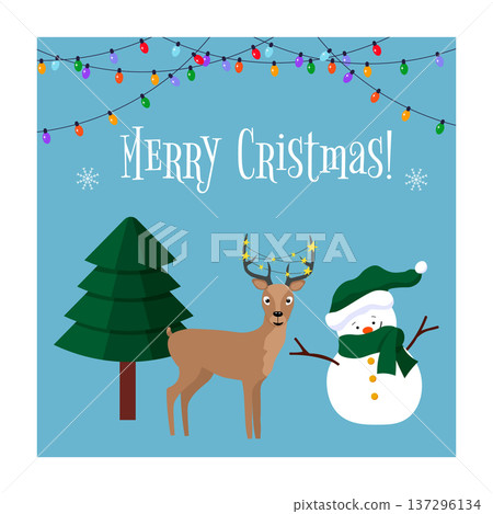 Merry Christmas greeting card with a snowman, deer, and christmas tree characters in a joyful winter holiday scene for celebration. 137296134