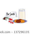 Holiday flat lay with plate of cookies, glass of milk, candies and pine branch for the Christmas or New Year celebration. 137296135