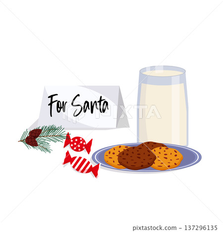 Holiday flat lay with plate of cookies, glass of milk, candies and pine branch for the Christmas or New Year celebration. 137296135