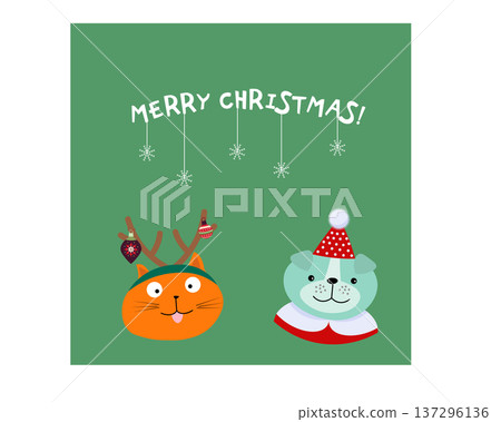 Cute cartoon cat and dog heads in festive attire for Christmas holiday greeting card design or holiday poster. Cute cartoon cat and dog heads in festive attire for Christmas holiday greeting card design or holiday poster. 137296136