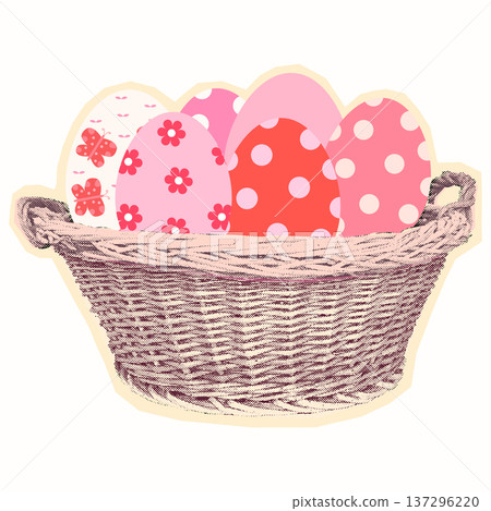 Halftone Easter basket with painted eggs, vector collage scrapbook graphic design element for Easter egg hunt designs Halftone Easter basket with painted eggs, vector collage scrapbook graphic design element for Easter egg hunt designs 137296220