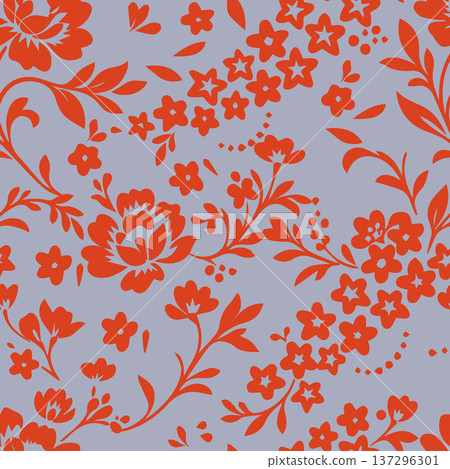 Modern botanical seamless pattern featuring bold orange-red floral silhouettes on a dusty blue backdrop. Ideal for textiles and summer fashion. 137296301