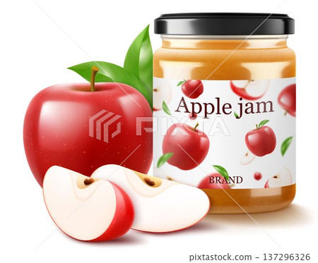 Jar with apple jam isolated on white background. Homemade apple jam in a glass jar. Realistic 3d vector illustration. Mockup for your brand. Jar with apple jam isolated on white background. Homemade apple jam in a glass jar. Realistic 3d vector illustration. Mockup for your brand. 137296326