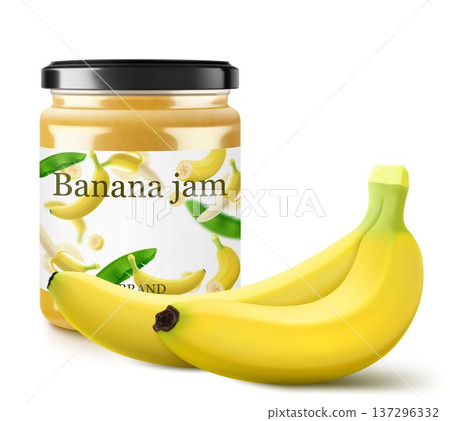 Banana jam in glass jar and fresh banana fruit isolated on white background. Glass of banana marmalade design element. Banana jam jar icon. Realistic 3d vector illustration. Mockup for your brand. 137296332