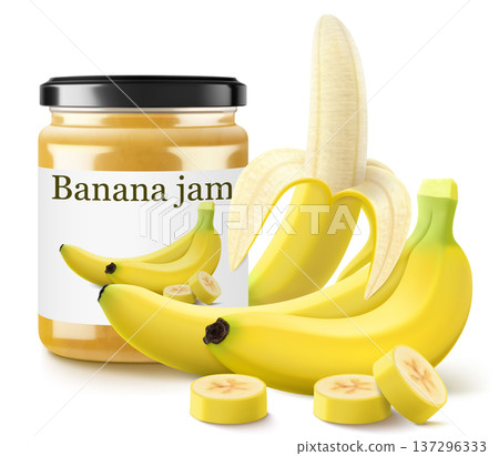 Banana jam in glass jar and fresh banana fruit isolated on white background. Glass of banana marmalade design element. Banana jam jar icon. Realistic 3d vector illustration. Mockup for your brand. 137296333