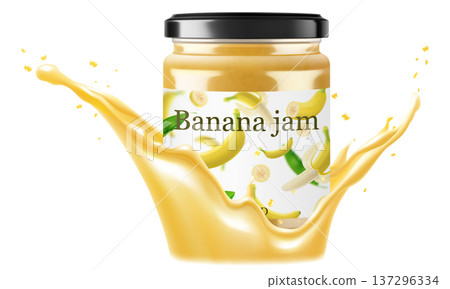Jar with banana jam in a splash of banana juice isolated on white background. Glass of banana marmalade design element. Banana jam jar icon. Realistic 3d vector illustration. Mockup for your brand. Jar with banana jam in a splash of banana juice isolated on white background. Glass of banana marmalade design element. Banana jam jar icon. Realistic 3d vector illustration. Mockup for your brand. 137296334