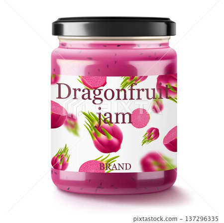 Glass Jar of Dragon fruit Jam with pitayas, vector realistic 3D rendering isolated on white background. Bottle of dragon fruit jam or juice. dragon fruit extract. drinks and food. Sweets. Toppings 137296335