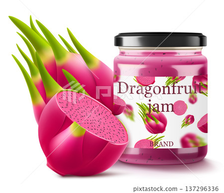 Glass Jar of Dragon fruit Jam with pitayas, vector realistic 3D rendering isolated on white background. Bottle of dragon fruit jam or juice. dragon fruit extract. drinks and food. Sweets. Toppings 137296336