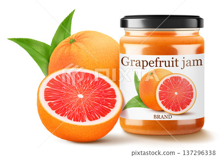 Glass Jar of grapefruit jam or marmalade isolated on white background. Bottle of citrus jam or juice. Grapefruit curd. drinks and food. Sweets. Toppings 137296338