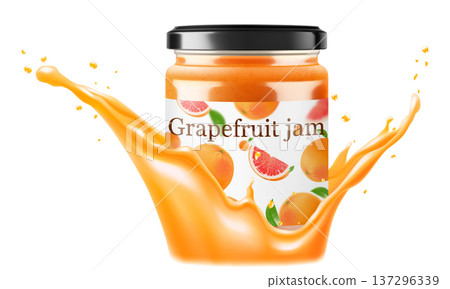 Glass Jar of grapefruit jam in a splash of grapefruit juice isolated on white background. Bottle of citrus jam or juice. Grapefruit extract. drinks and food. Sweets. Toppings 137296339