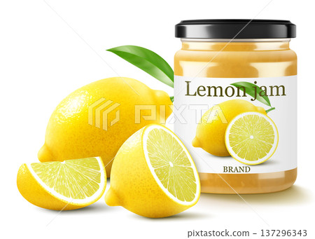 Lemon jam in glass jar and fresh lemons isolated on a white background. Glass of lemon marmalade design element. Lemon curd jar icon set. Realistic3d vector illustration. Lemon jam in glass jar and fresh lemons isolated on a white background. Glass of lemon marmalade design element. Lemon curd jar icon set. Realistic3d vector illustration. 137296343