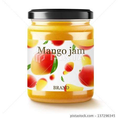 Mango jam in glass jar with fresh mango slices near. Glass of mango marmalade design element. Organic fruit jam isolated on a white background. Realistic 3d vector illustration 137296345