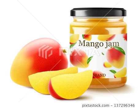 Mango jam in glass jar with fresh mango slices near. Glass of mango marmalade design element. Organic fruit jam isolated on a white background. Realistic 3d vector illustration Mango jam in glass jar with fresh mango slices near. Glass of mango marmalade design element. Organic fruit jam isolated on a white background. Realistic 3d vector illustration 137296346