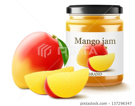 Mango jam in glass jar with fresh mango slices near. Glass of mango marmalade design element. Organic fruit jam isolated on a white background. Realistic 3d vector illustration 137296347