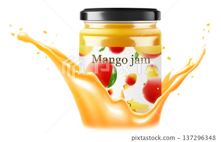 Jar with mango jam in a splash of mango juice isolated on white background. Homemade mango jam or juice in a glass jar. Realistic 3d vector illustration. Mockup for your brand. 137296348