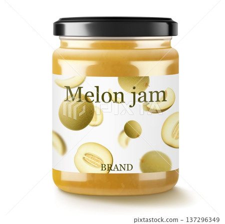 Glass jar with Melon jam or confiture, isolated on white background. Homemade fruit berry preserve, Drinks and food. Sweets. Toppings. Realistic 3d vector illustration Glass jar with Melon jam or confiture, isolated on white background. Homemade fruit berry preserve, Drinks and food. Sweets. Toppings. Realistic 3d vector illustration 137296349