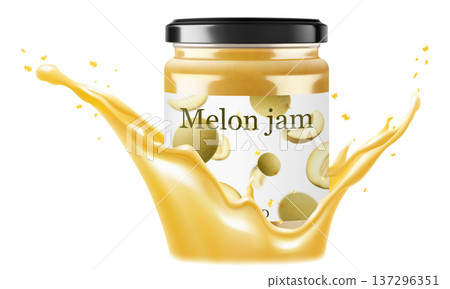 Glass jar with Melon jam or confiture in a splash of Melon juice, isolated on white background. Homemade fruit berry preserve, Drinks and food. Sweets. Toppings. Realistic 3d vector illustration 137296351