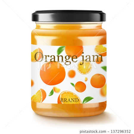 Glass Jar of orange jam or marmalade isolated on white background. Bottle of citrus jam or juice. Orange curd. drinks and food. Sweets. Toppings Glass Jar of orange jam or marmalade isolated on white background. Bottle of citrus jam or juice. Orange curd. drinks and food. Sweets. Toppings 137296352
