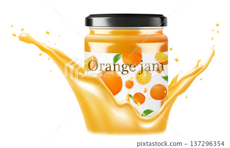 Glass Jar of orange jam in a splash of orange juice isolated on white background. Bottle of citrus jam or juice. Grapefruit extract. drinks and food. Sweets. Toppings 137296354