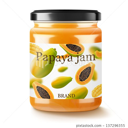 Papaya jam in glass jar and fresh papaya fruit isolated on a white background. Glass of papaya spread design element. Papaya jam jar icon. Realistic 3d vector illustration. 137296355