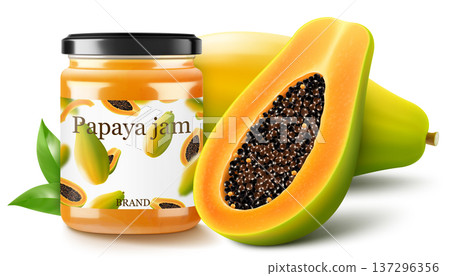 Papaya jam in glass jar and fresh papaya fruit isolated on a white background. Glass of papaya spread design element. Papaya jam jar icon. Realistic 3d vector illustration. 137296356