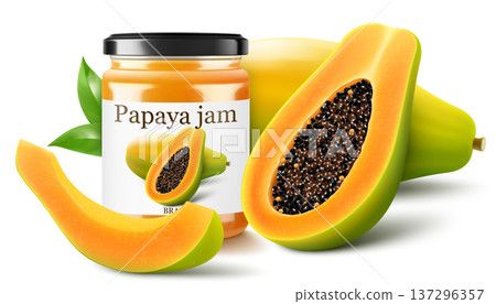 Papaya jam in glass jar and fresh papaya fruit isolated on a white background. Glass of papaya spread design element. Papaya jam jar icon. Realistic 3d vector illustration. 137296357