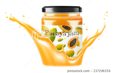 Jar with papaya jam in a splash of papaya juice isolated on white background. Glass of papaya marmalade design element. Papaya jam jar icon. Realistic 3d vector illustration. Mockup for your brand. 137296358