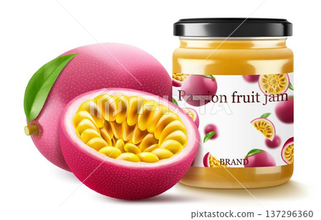 Passion fruit jam in jar isolated on white background. Glass of Passion fruit marmalade design element. Sweet healthy passion fruit homemade preserve. Realistic 3d Vector illustration Passion fruit jam in jar isolated on white background. Glass of Passion fruit marmalade design element. Sweet healthy passion fruit homemade preserve. Realistic 3d Vector illustration 137296360