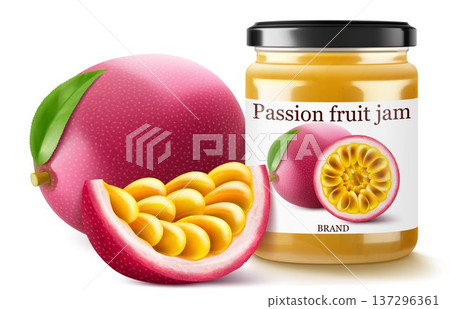 Passion fruit jam in jar isolated on white background. Glass of Passion fruit marmalade design element. Sweet healthy passion fruit homemade preserve. Realistic 3d Vector illustration Passion fruit jam in jar isolated on white background. Glass of Passion fruit marmalade design element. Sweet healthy passion fruit homemade preserve. Realistic 3d Vector illustration 137296361