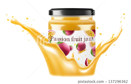 Jar with passion fruit jam in a splash of passion fruit juice isolated on white background. Homemade passion fruit jam or juice in a glass jar. Realistic 3d vector illustration. Mockup for your brand. Jar with passion fruit jam in a splash of passion fruit juice isolated on white background. Homemade passion fruit jam or juice in a glass jar. Realistic 3d vector illustration. Mockup for your brand. 137296362