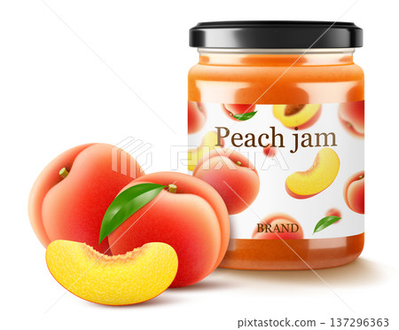Jar with peach jam isolated on white background. Canned peach in a glass jar with lid and paper label, Realistic 3d vector illustration. Mockup , preserve in packaging. 137296363