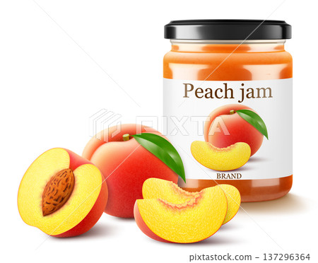 Jar with peach jam isolated on white background. Canned peach in a glass jar with lid and paper label, Realistic 3d vector illustration. Mockup , preserve in packaging. 137296364