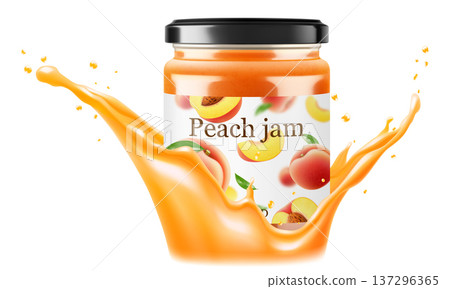 Jar with peach jam in a splash of peach juice isolated on white background. Homemade peach jam or compote in a glass jar. Realistic 3d vector illustration. Mockup for your brand. Jar with peach jam in a splash of peach juice isolated on white background. Homemade peach jam or compote in a glass jar. Realistic 3d vector illustration. Mockup for your brand. 137296365