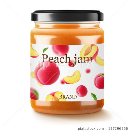 Glass jar with plum jam isolated on white background. Jar of marmalade from juicy blue plums. fresh fruits with leaves. Organic food. Label mockup for jam. Realistic 3d vector illustration Glass jar with plum jam isolated on white background. Jar of marmalade from juicy blue plums. fresh fruits with leaves. Organic food. Label mockup for jam. Realistic 3d vector illustration 137296366