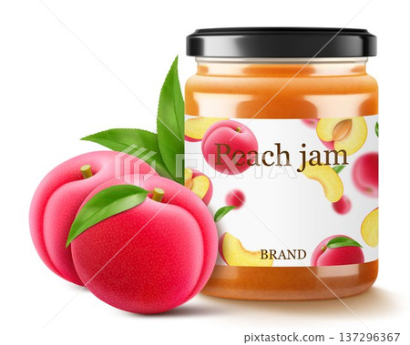 Glass jar with plum jam isolated on white background. Jar of marmalade from juicy blue plums. fresh fruits with leaves. Organic food. Label mockup for jam. Realistic 3d vector illustration Glass jar with plum jam isolated on white background. Jar of marmalade from juicy blue plums. fresh fruits with leaves. Organic food. Label mockup for jam. Realistic 3d vector illustration 137296367