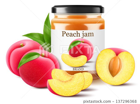 Glass jar with plum jam isolated on white background. Jar of marmalade from juicy blue plums. fresh fruits with leaves. Organic food. Label mockup for jam. Realistic 3d vector illustration 137296368