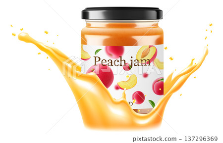 Jar with plum jam in a splash of plum juice. isolated on white background. Homemade plum jam or compote in a glass jar. Realistic 3d vector illustration. Mockup for your brand. 137296369